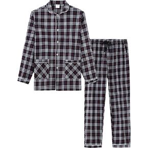 MoFiz Mens Pajama Set Soft Cotton Button Down Notched Collar Pjs Long Sleeve 2 Piece Sleepwear Lounge Nightwear with Pocket