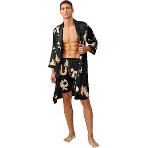 SOLY HUX Men's Long Sleeve Silk Sleepwear Satin Kimono Robe with Shorts Pajamas Set