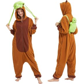 Capybara Onesie Pajamas Adult Halloween Costume Cosplay Capybara One-Piece with Turtle Backpacks