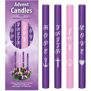Advent Candles Set of 4 - Premium Printed Gold Letters - Use with Advent Candle Holders, Advent Wreaths and Advent Rings - Dripless Purple & Pink Taper Advent Candle for Christmas Church Decoration