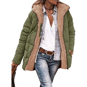 Tankaneo Womens Reversible Puffer Jackets Sherpa Lined Fleece Winter Coats Casual Zip Up Hooded Warm Outerwear