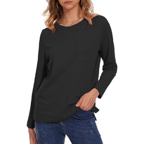 NEYOUQE Womens Fall Basic Plain Tees Shirt with Pocket Long Sleeve T Shirts Casual Comfy Tops Trendy T-Shirts(S-XXL)