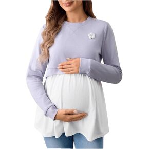 Women's Maternity 3D Flower Crew Neck Tee Shirts Ruffle Hem Breastfeeding Tee Tops