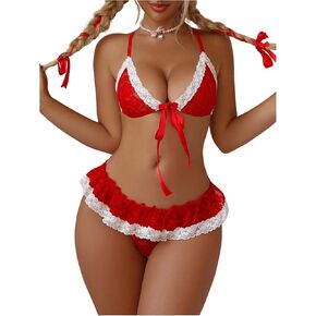 MakeMeChic Women's 2 Piece Christmas Lingerie Set Floral Lace Bow Wireless Bra and Ruffle Panty Set