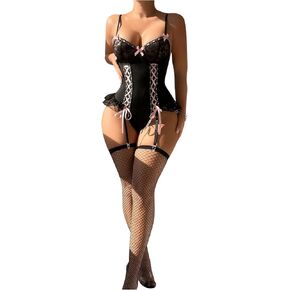 Verdusa Women's Bow Lace Up Mesh Garter Teddy Bodysuit Underwired Lingerie Sets with Stockings