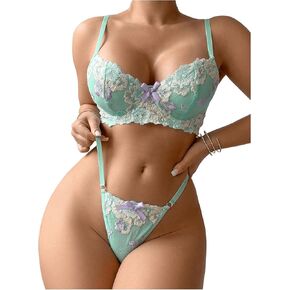 SHENHE Women's 2 Piece Lingerie Set Floral Embroidered Sheer Push Up Underwire Bra and Panty Set