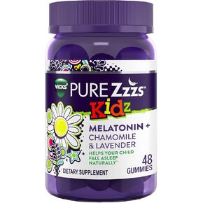 VICKS PURE Zzzs Kidz, Melatonin Sleep Aid Gummies for Kids and Children, Helps Your Child Fall Asleep Naturally, Low Dose Melatonin, 48 Gummies