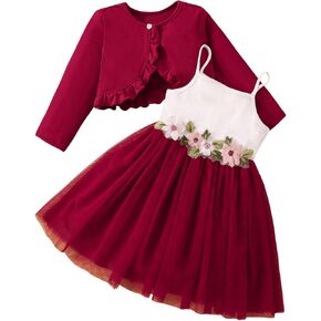 MakeMeChic Girl's 2 Piece Outfits Floral Appliques Mesh A Line Cami Dress and Ruffle Trim Jacket Set