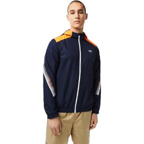 Lacoste Men’s Tennis Recycled Polyester Hooded Jacket, NAVY BLUE/FLASHY ORANGE-F, Large