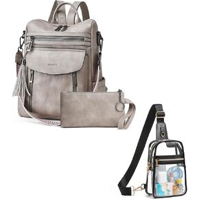 Shrrie Backpack Purse for Women + Clear Bag Stadium Approved Grey&Black