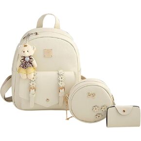 Leather Backpack Purse for Women 3-Piece Set Floral Design Round Crossbody Bag Wallet for Gifts for Girls and Ladies (Pink)