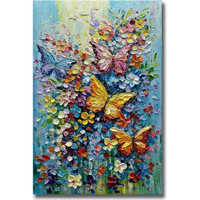 V-inspire Art,Modern Hand-Painted Oil Paintings Colorful Floral Acrylic Oil Painting on Canvas 30 x 45 inch Butterfly Flowers Wall Art Home Decoration