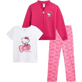 Hello Kitty Girls' Pants Set - 3 Piece Fleece Zip Up Jacket, Graphic Tee, and Fleece Pants - Clothing Set for Girls (2T-12)