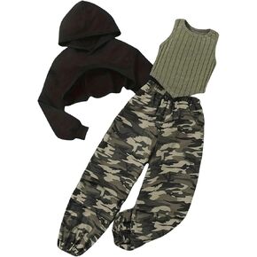 MakeMeChic Girl's 3 Piece Outfits Long Sleeve Cropped Hoodies and Camo Print Sweatpants Set