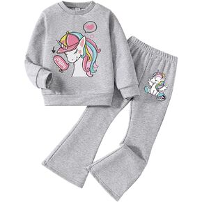 Toddler Girl Clothes-Unicorn Graphic Print Round Neck Sweatshirt & Flare Pants-Little Girls Outfit Size(3~7 years)