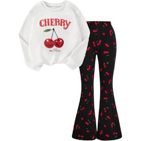 GORGLITTER Girl's 2 Pieces Set Cherry Print Long Sleeve Sweatshirt and Flared Sweatpants Set
