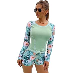 Lopie Women Rash Guard Shirts Long Sleeve Swimsuit 2 Piece Bathing Suit Set with Bottom UPF 50 Surf Swimwear(L,Light green302)