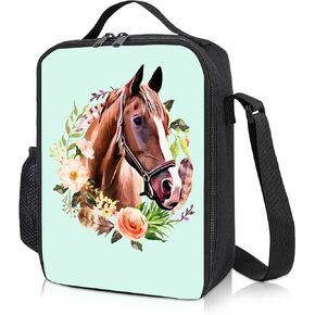 Lunch Box Kids,Small Insulated Green Lunch Bag for Girls Horse Lunch Bag with Water Bottle Holder Cute Lunch Totebag with Shoulder Strap for School Work Picnic Gifts