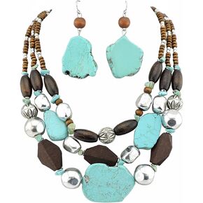 مجموعة مجوهرات بوكار مكونة من 3 طبقات من الخشب الفيروزي والمطرز بقلادة مكتنزة وأقراط متعددة الخيوط مصنوعة يدويًا للنساء هدايا (NK-10124-set) in Kuwait