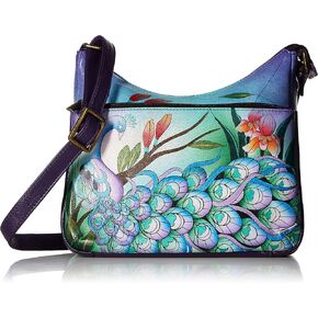 Anna by Anushka Hand-Painted Genuine Leather Women's Medium Crossbody Hobo Bag with Zippered Pockets and Adjustable Strap