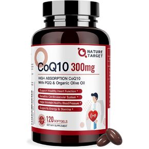 NATURE TARGET CoQ10-300mg-Softgels + PQQ with Organic-Olive-Oil - High Absorption-Coenzyme-Q10 - Antioxidant-for-Heart-Health and Immune Support, Energy Production, 120 Servings