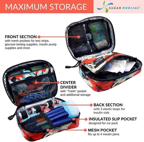 Sugar Medical Insulated Diabetes Organizer | Diabetes Supply Case | Diabetic Care Products | Diabetic Supplies Travel Case | Insulin Pen Case | Glucose Meter Case | Diabetic Bag for Supplies (Flora) in Kuwait