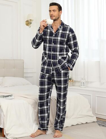 MoFiz Mens Pajama Set Soft Cotton Button Down Notched Collar Pjs Long Sleeve 2 Piece Sleepwear Lounge Nightwear with Pocket in Saudi Arabia