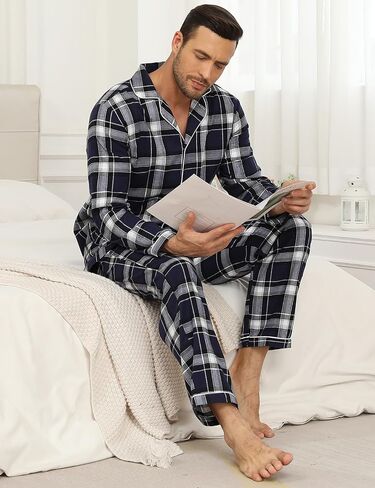 MoFiz Mens Pajama Set Soft Cotton Button Down Notched Collar Pjs Long Sleeve 2 Piece Sleepwear Lounge Nightwear with Pocket in Saudi Arabia
