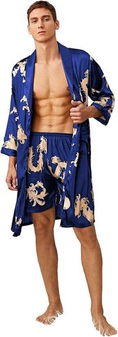 SOLY HUX Men's Long Sleeve Silk Sleepwear Satin Kimono Robe with Shorts Pajamas Set in Saudi Arabia