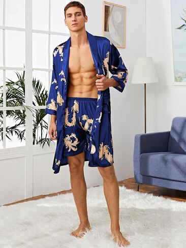 SOLY HUX Men's Long Sleeve Silk Sleepwear Satin Kimono Robe with Shorts Pajamas Set in Saudi Arabia