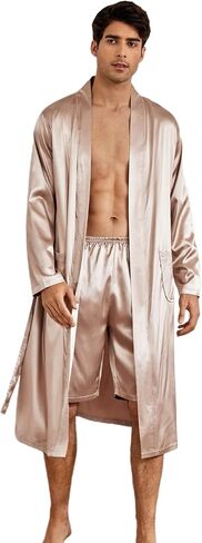 SOLY HUX Men's Long Sleeve Silk Sleepwear Satin Kimono Robe with Shorts Pajamas Set in Saudi Arabia