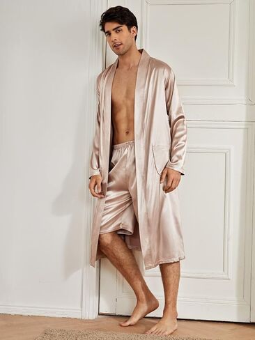 SOLY HUX Men's Long Sleeve Silk Sleepwear Satin Kimono Robe with Shorts Pajamas Set in Saudi Arabia