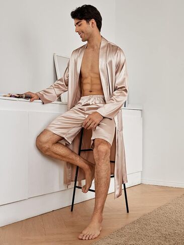 SOLY HUX Men's Long Sleeve Silk Sleepwear Satin Kimono Robe with Shorts Pajamas Set in Saudi Arabia