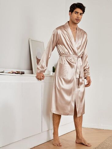 SOLY HUX Men's Long Sleeve Silk Sleepwear Satin Kimono Robe with Shorts Pajamas Set in Saudi Arabia