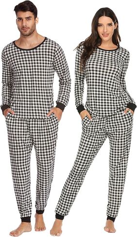 بيجامة Ekouaer للزوجين متطابقة من Pjs بأكمام طويلة منقوشة ملابس نوم ناعمة مع جيوب S-XXL in Saudi Arabia