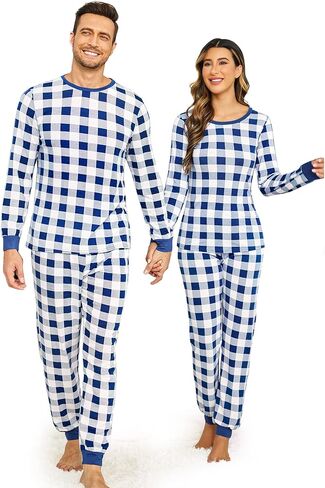 بيجامة Ekouaer للزوجين متطابقة من Pjs بأكمام طويلة منقوشة ملابس نوم ناعمة مع جيوب S-XXL in Saudi Arabia