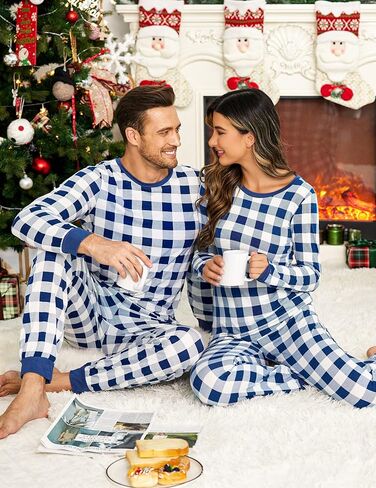 بيجامة Ekouaer للزوجين متطابقة من Pjs بأكمام طويلة منقوشة ملابس نوم ناعمة مع جيوب S-XXL in Saudi Arabia