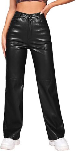 MakeMeChic Women's Faux Leather Pants Straight Wide Leg Leather Pants Black in Saudi Arabia