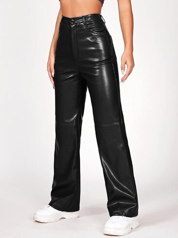 MakeMeChic Women's Faux Leather Pants Straight Wide Leg Leather Pants Black in Kuwait