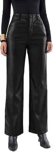 MakeMeChic Women's Faux Leather Pants Straight Wide Leg Leather Pants Black in Saudi Arabia