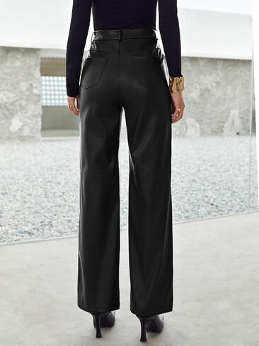 MakeMeChic Women's Faux Leather Pants Straight Wide Leg Leather Pants Black in Saudi Arabia