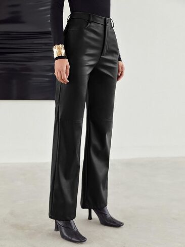 MakeMeChic Women's Faux Leather Pants Straight Wide Leg Leather Pants Black in Saudi Arabia