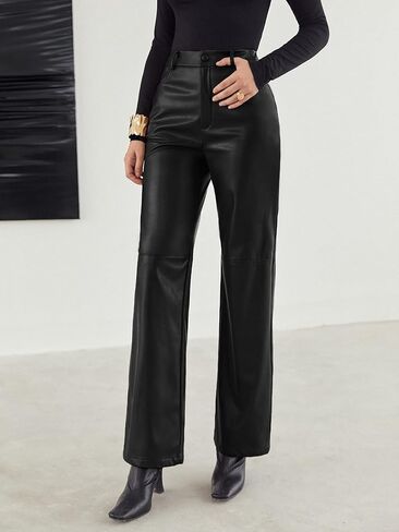 MakeMeChic Women's Faux Leather Pants Straight Wide Leg Leather Pants Black in Saudi Arabia