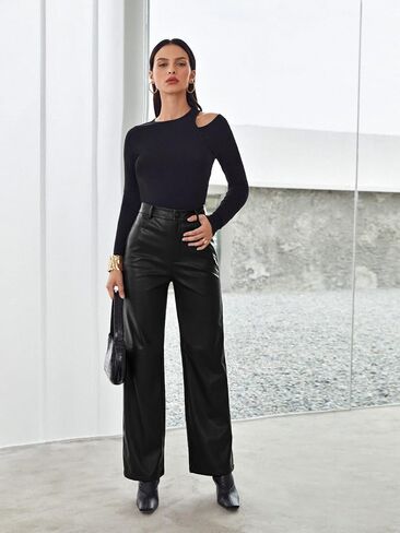 MakeMeChic Women's Faux Leather Pants Straight Wide Leg Leather Pants Black in Saudi Arabia