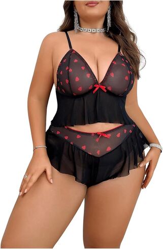 MakeMeChic Women's Plus Size Heart Print Sexy Lingerie Sets Sheer Mesh Ruffled Underwire Bra and Panty Sets in Saudi Arabia