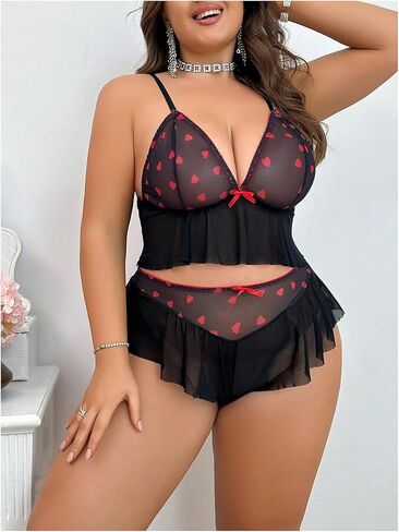 MakeMeChic Women's Plus Size Heart Print Sexy Lingerie Sets Sheer Mesh Ruffled Underwire Bra and Panty Sets in Saudi Arabia