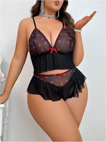 MakeMeChic Women's Plus Size Heart Print Sexy Lingerie Sets Sheer Mesh Ruffled Underwire Bra and Panty Sets in Saudi Arabia