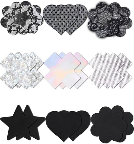 أغطية الحلمات الفضية ملصقات فطائر اللحم اللامعة حزمة غطاء حلمة الكيك الأسود ملصقات الحلمة بتلات الثدي للنساء بدون عرض - 9 أزواج in Kuwait