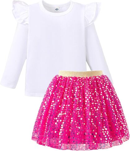 Magic Park 2-5T Toddler Girl Skirt Set Girls Long Sleeve Shirt Tops Sequin Skirt kid Birthday Holiday Party Outfits in Saudi Arabia