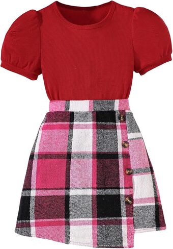 Milumia Girl's Clothing Sets 2 Piece Puff Sleeve Ribbed Tee with Plaid Wrap Mini Skirt Outfits in Saudi Arabia